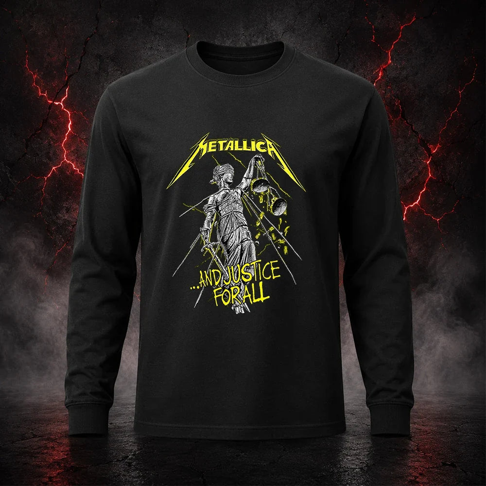 Metallica ...And Justice For All T-shirt featuring blindfolded Lady Justice holding scales and sword with distressed yellow Metallica logo on a black shirt.